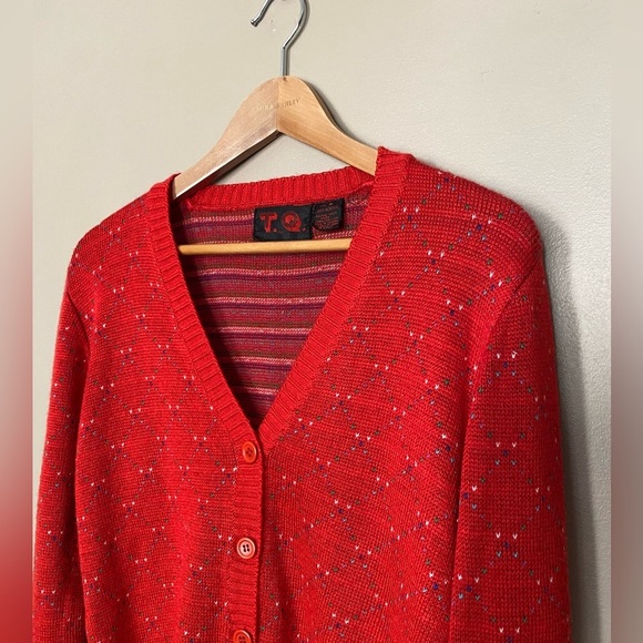 T.Q. Red cardigan sweater confetti knit acrylic Mr. Rogers 80s vintage MINT sz M - Picture 1 of 11